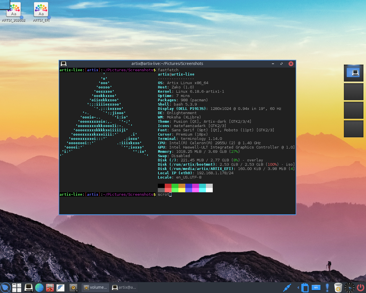 screenshot of Moksha desktop on Artix Linux with xLibre. On an HP Chromebox G1 for hardware.